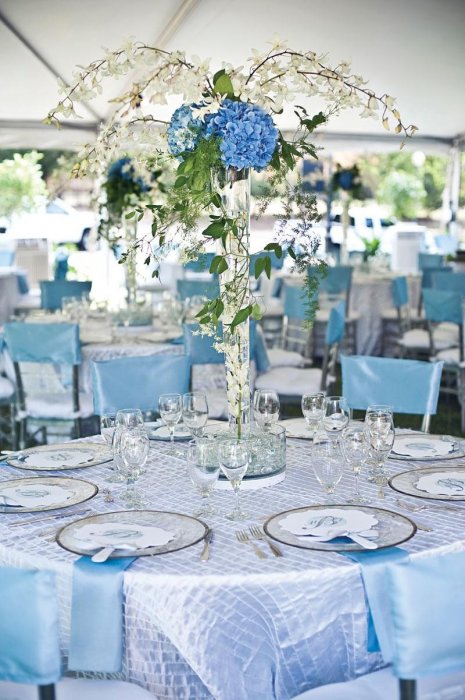 Оформление столов на свадьбе в небесно-голубом цвете